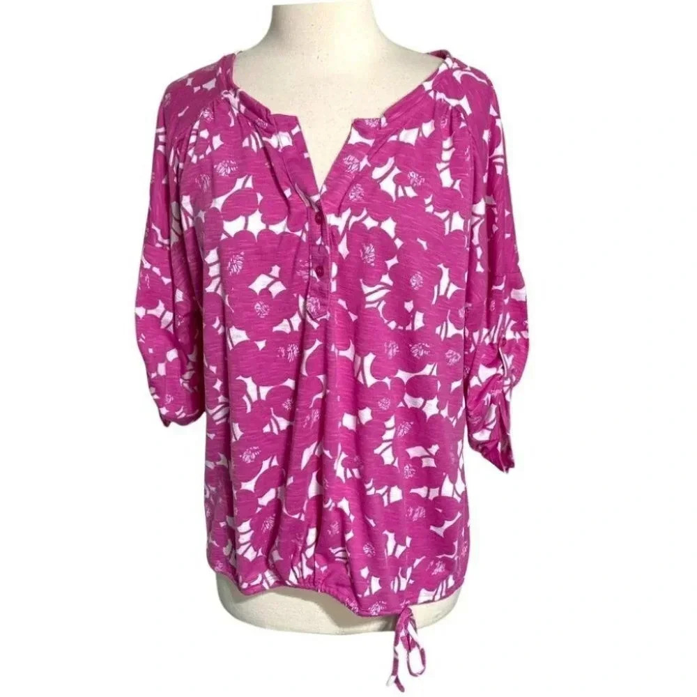 New York & Company XL pink + white floral drawstring bottom 3/4 sleeve top